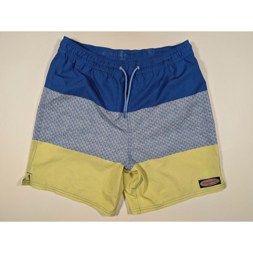 Vineyard Vines Boys XL Whale Colorblock Swim Trunks Blue Yellow Stretch